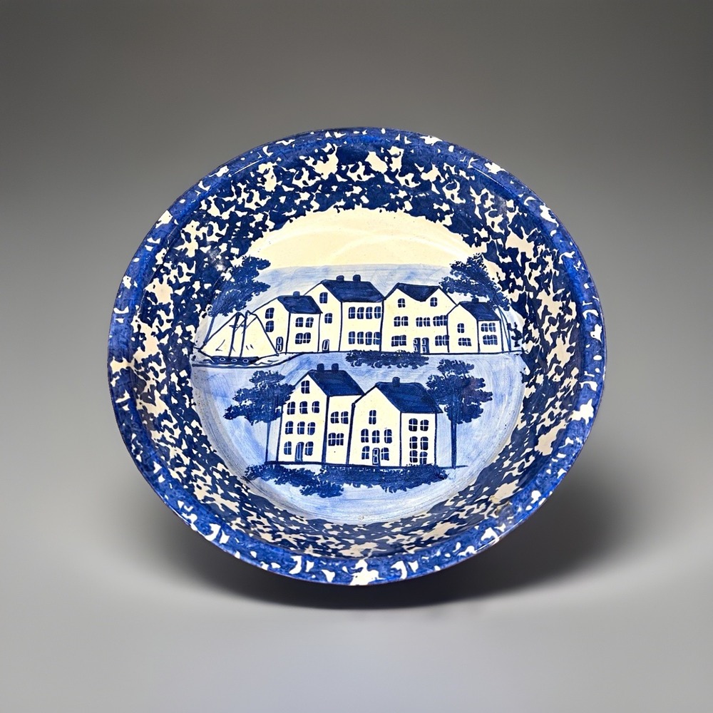 Shard Pottery Maine Hand Painted Coastal Village Blue White Ceramic Bowl 10"
